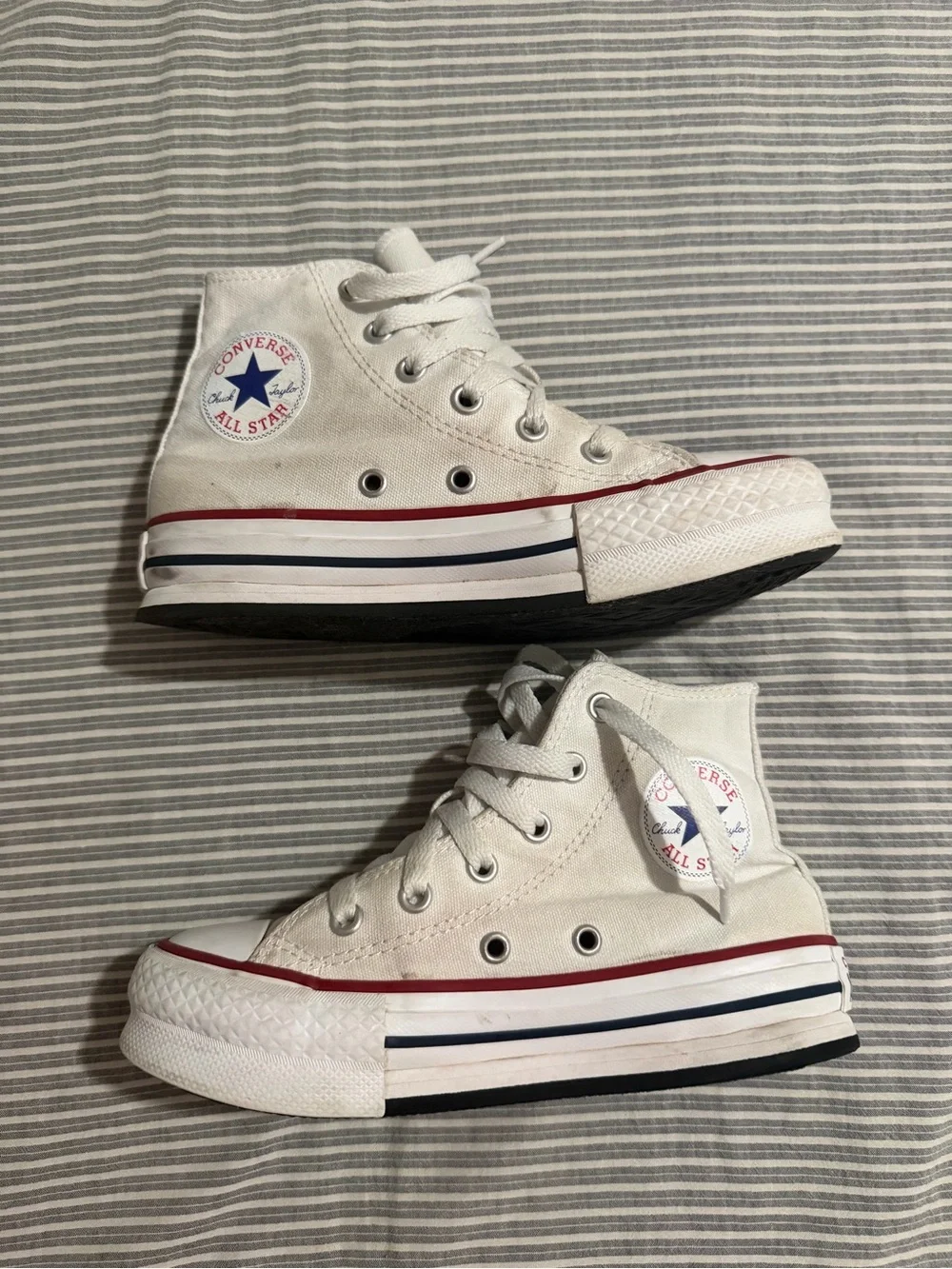 Converse Kids White High Top Sneakers with Red & Navy Stripes